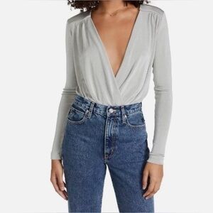 NWT Free People Turnt Crossover Bodysuit Long Sleeve Silver Velour size XS 0 2 4